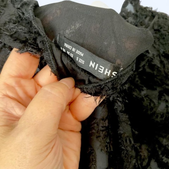 Black Sheer Lace Ruffle Trim Blouse with Long Sleeve S - Picture 3 of 4